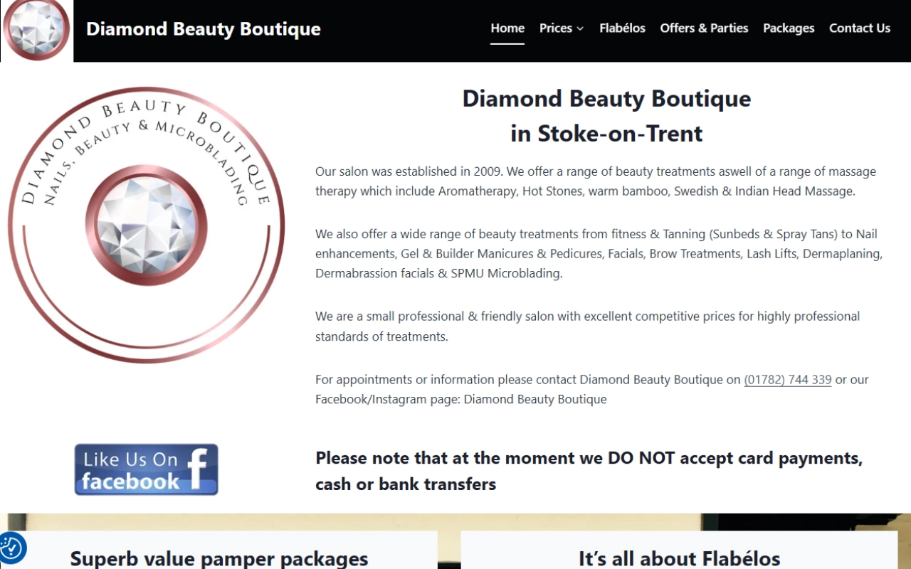 Diamond Beauty Boutique - a website built by SME Web Designs, Derby