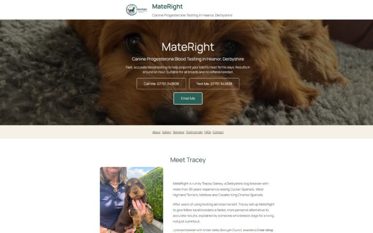 MateRight website homepage preview featuring a cocker spaniel and canine progesterone testing services.