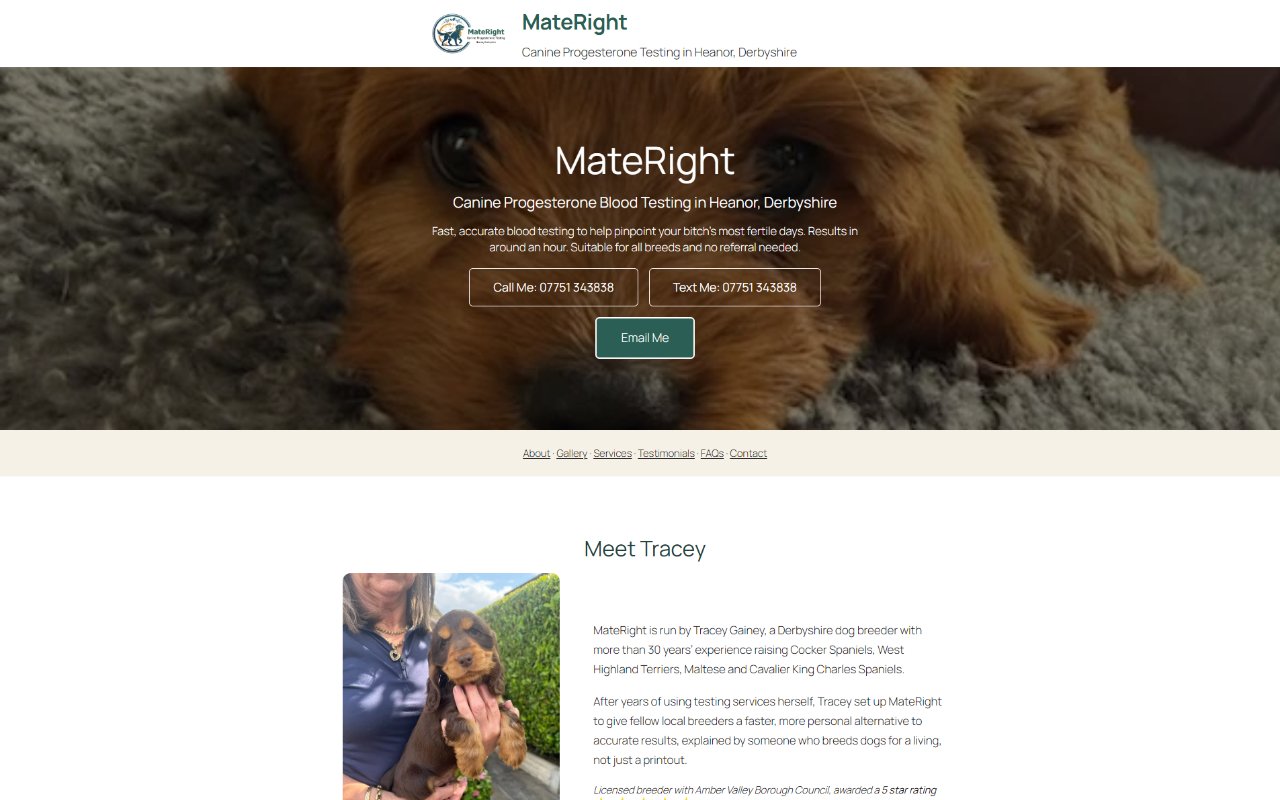 MateRight website homepage preview featuring a cocker spaniel and canine progesterone testing services.