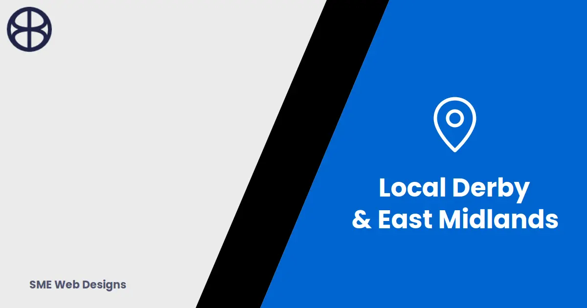 SME Web Designs default banner for the Local Derby and East Midlands blog category, showing a map pin icon