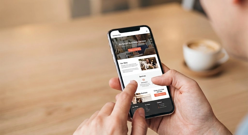 client looking at their new website on a mobile device